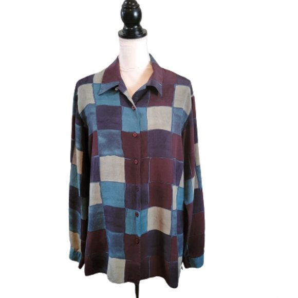 Casual Corner Tops - Casual Corner Color Block Button Down Long Sleeve Blouse Size 14